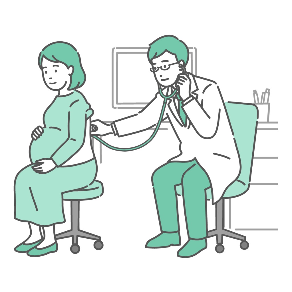 白衣を着用した男性医師による妊婦の背中の聴診イラスト（妊婦健診）