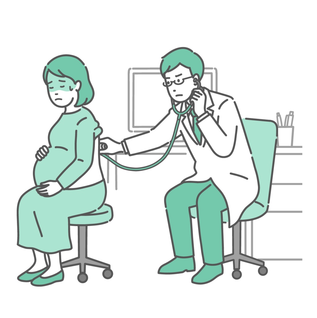 背中の聴診を受ける冷や汗をかいた妊婦と深刻な表情の白衣の男性医師のイラスト