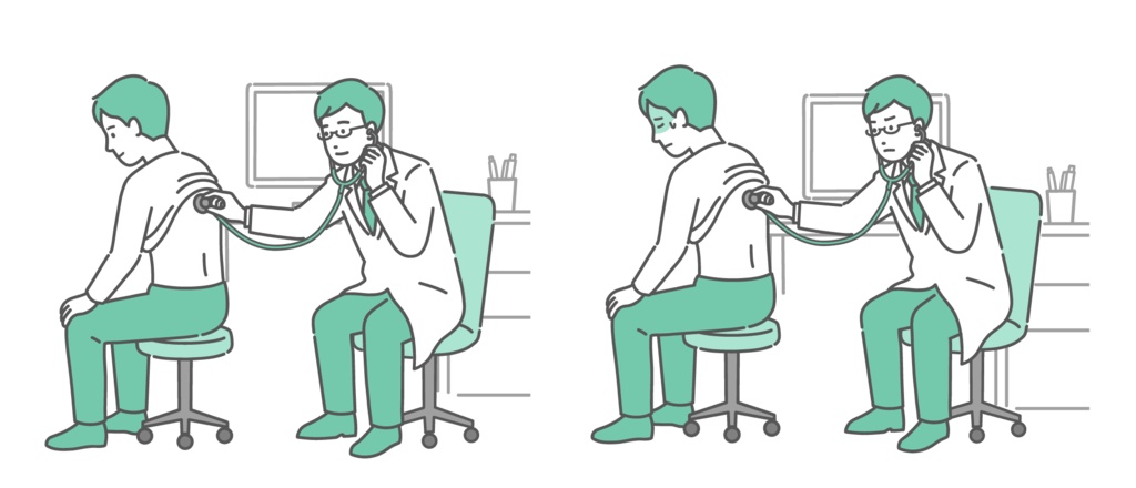 白衣を着用した男性医師による男性の背中の聴診イラストセット（正常・異常/体調不良）