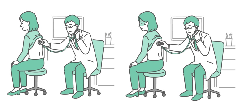 白衣を着用した男性医師による女性の背中の聴診イラストセット（正常・異常/体調不良）