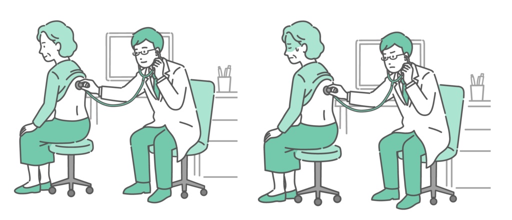 白衣を着用した男性医師による高齢女性の背中の聴診イラストセット（正常・異常/体調不良）