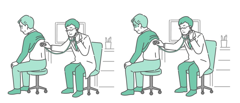 白衣を着用した男性医師による高齢男性の背中の聴診イラストセット（正常・異常/体調不良）
