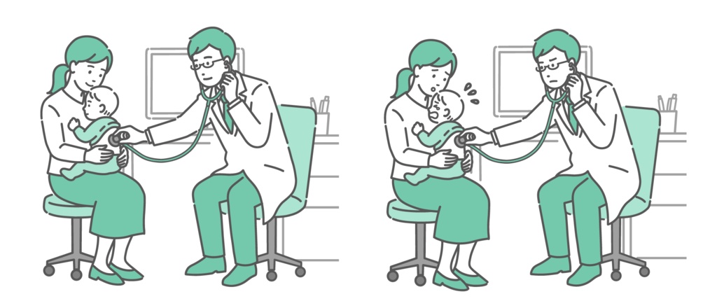 白衣を着用した男性医師による赤ちゃんの背中の聴診イラストセット（正常・異常/体調不良）