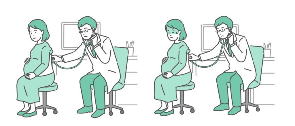 白衣を着用した男性医師による妊婦の背中の聴診イラストセット（正常・異常/体調不良）