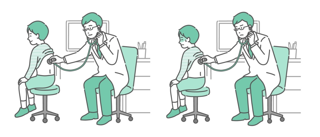 白衣を着用した男性医師による男の子の背中の聴診イラストセット（正常・異常/体調不良）