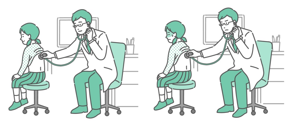 白衣を着用した男性医師による女の子の背中の聴診イラストセット（正常・異常/体調不良）