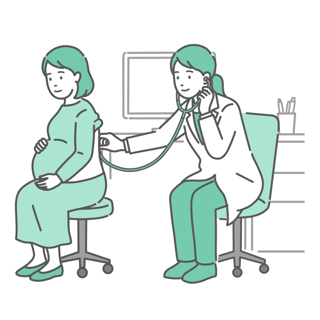 白衣を着た女性医師による妊婦の背中の聴診・診察のイラスト