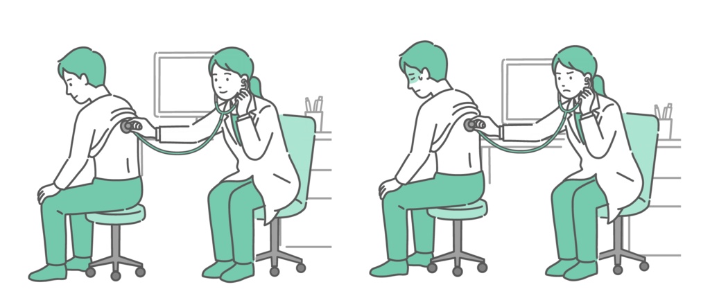 白衣を着た女性医師による男性患者の背中の聴診イラストセット(正常・異常/体調不良)