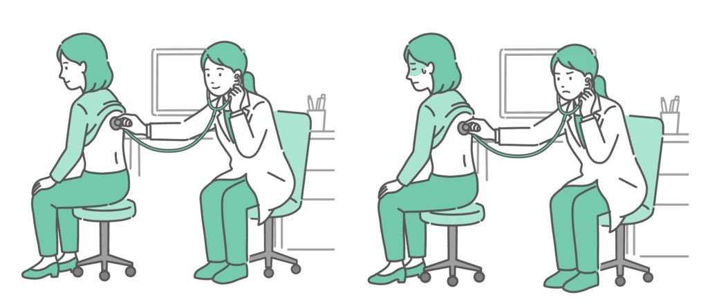 白衣を着た女性医師による女性患者の背中の聴診イラストセット(正常・異常/体調不良)