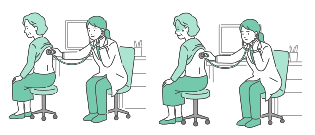 白衣を着た女性医師による高齢女性（おばあちゃん）の背中の聴診イラストセット（正常・異常/体調不良）