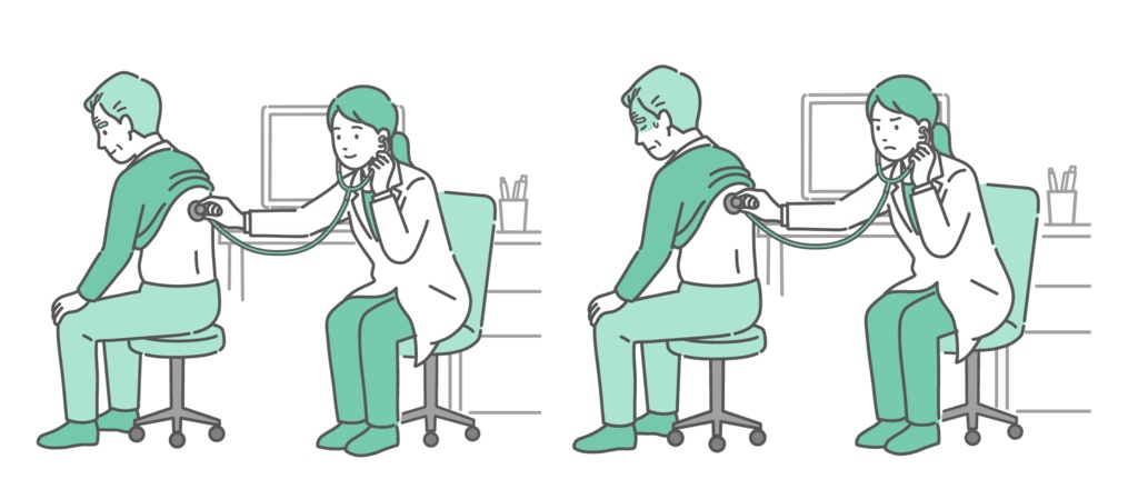 白衣を着た女性医師による高齢男性（おじいちゃん）の背中の聴診イラストセット（正常・異常/体調不良）