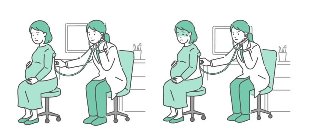 白衣を着た女性医師による妊婦の背中の聴診イラストセット(正常・異常/体調不良)