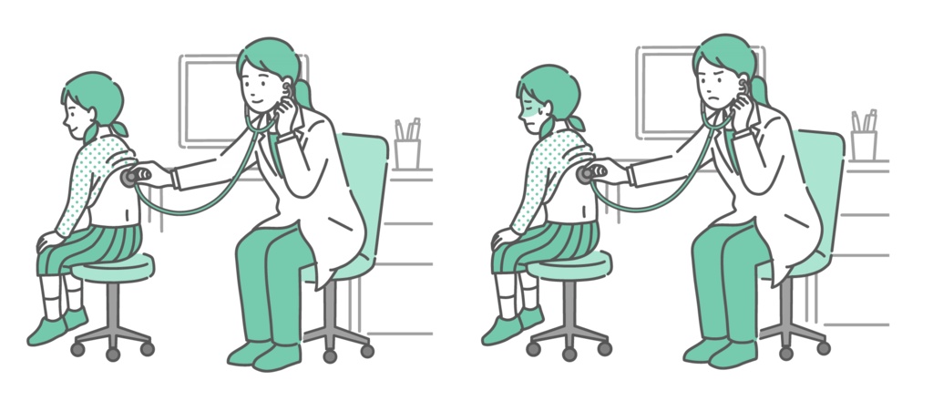 白衣を着た女性医師による女の子の背中の聴診イラストセット（正常・異常/体調不良）