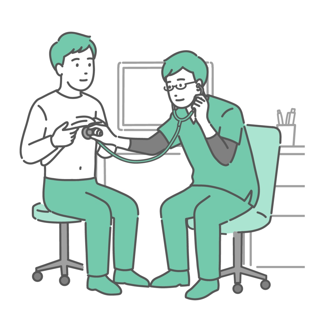 スクラブを着た男性医師による胸部の聴診・内科診察のイラスト