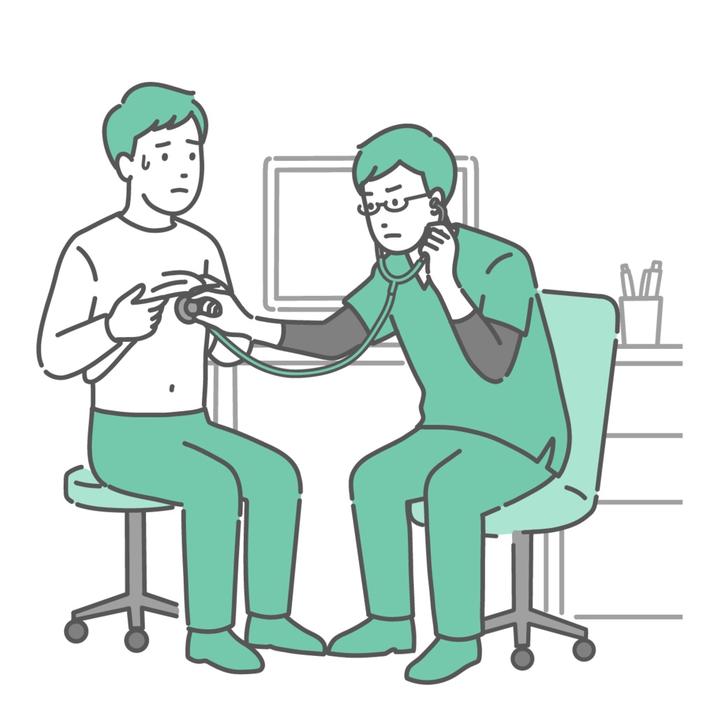 聴診を受ける冷や汗をかいた男性患者と深刻な表情のスクラブを着た医師のイラスト