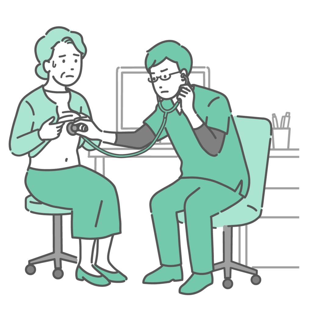 聴診を受ける冷や汗をかいた高齢女性と深刻な表情のスクラブを着た医師のイラスト