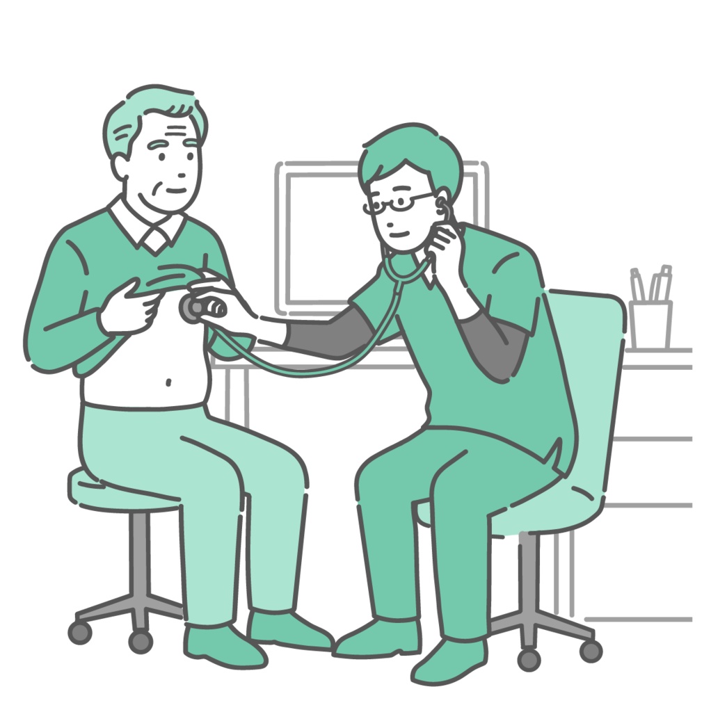 スクラブを着た男性医師による高齢男性の聴診・内科診察のイラスト
