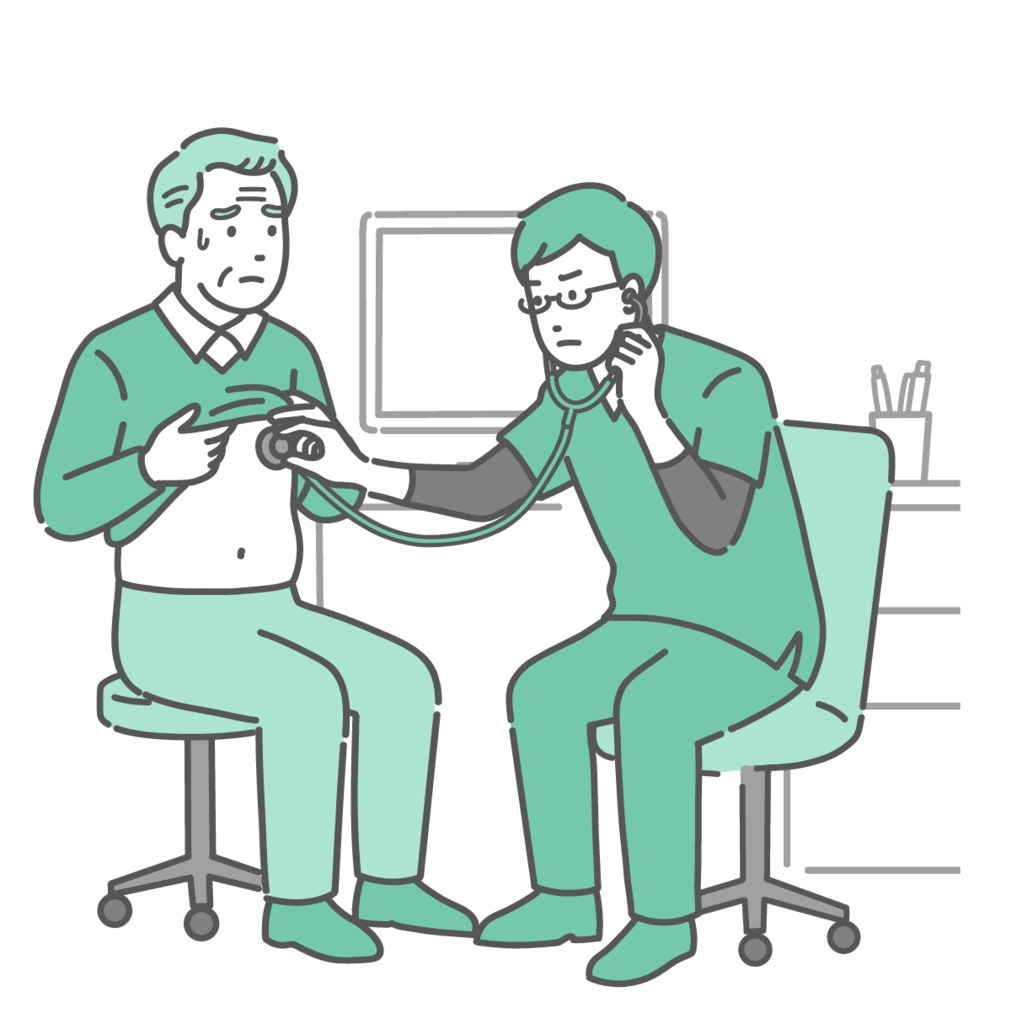 聴診を受ける冷や汗をかいた高齢男性と深刻な表情の医師のイラスト