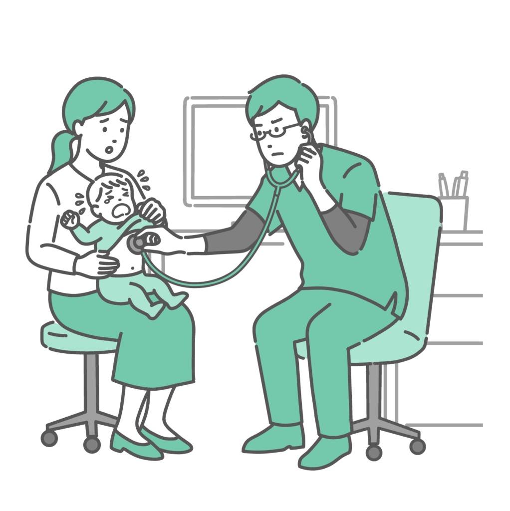 聴診中に泣いている赤ちゃんと心配そうな母親・スクラブを着た医師のイラスト