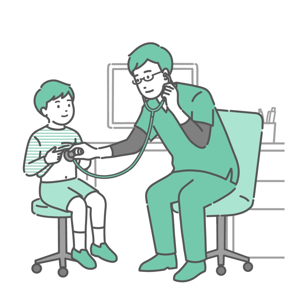スクラブを着た男性医師による男の子の聴診・小児科診察のイラスト