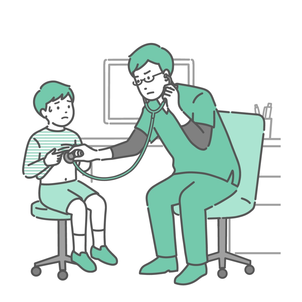 聴診を受ける冷や汗をかいた男の子と深刻な表情のスクラブを着た医師のイラスト