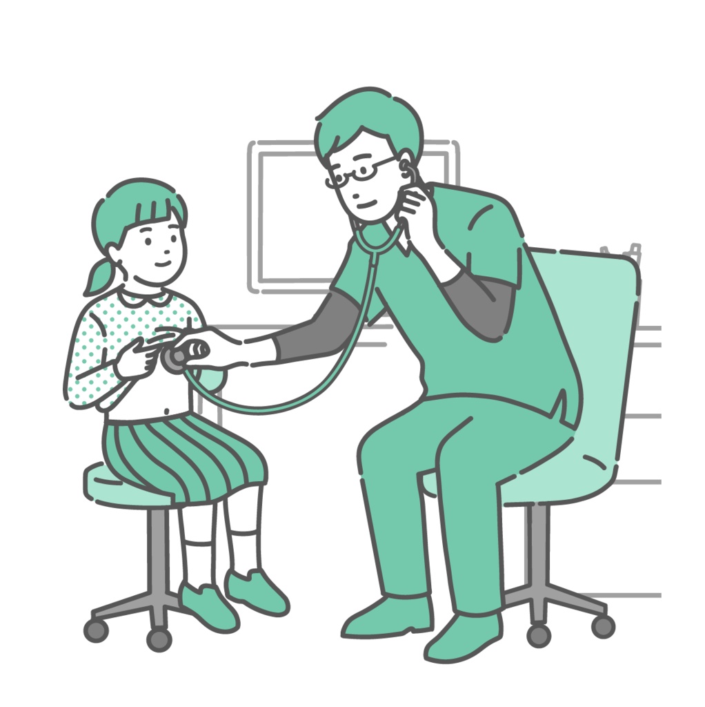 スクラブを着た男性医師による女の子の聴診・小児科診察のイラスト
