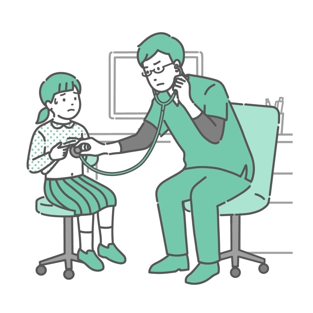 聴診を受ける冷や汗をかいた女の子と深刻な表情のスクラブを着た医師のイラスト