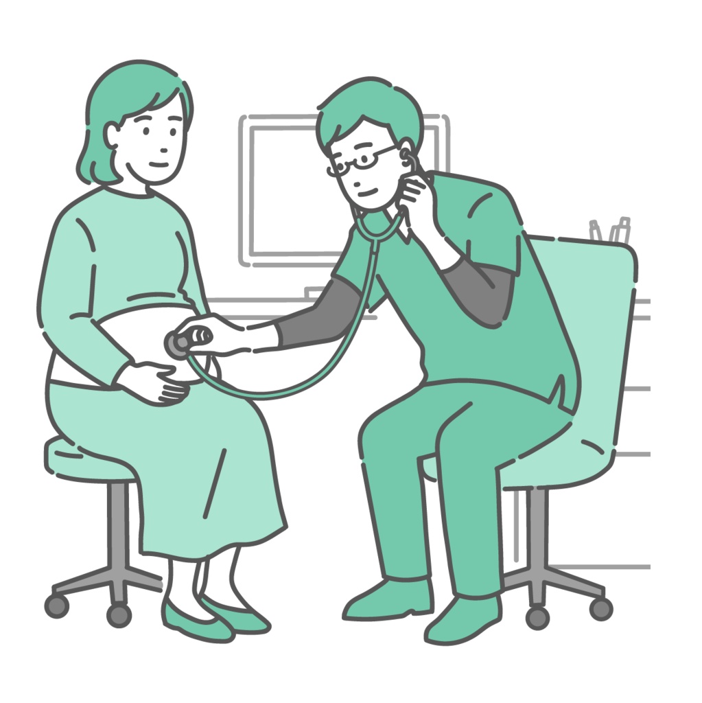 スクラブを着た男性医師による妊婦の腹部聴診・妊婦健診のイラスト