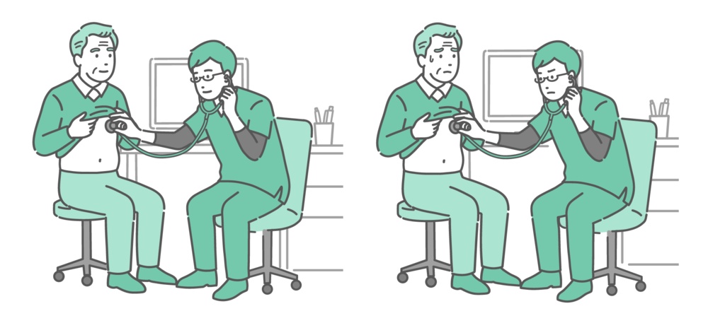 スクラブを着た男性医師による高齢男性の聴診イラストセット（正常・異常/体調不良）