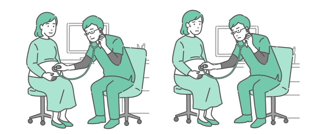 スクラブを着た男性医師による妊婦の腹部聴診イラストセット（正常・異常/体調不良）