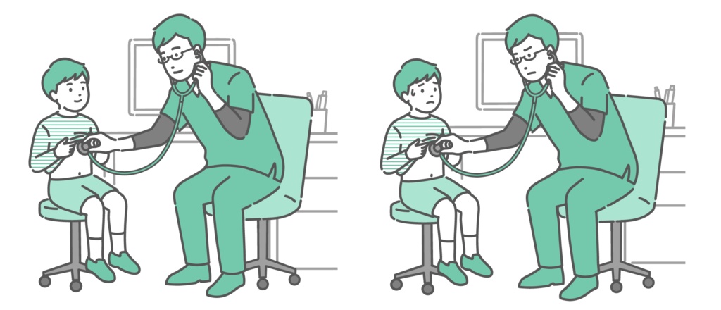 スクラブを着た男性医師による男の子の聴診イラストセット（正常・異常/体調不良）