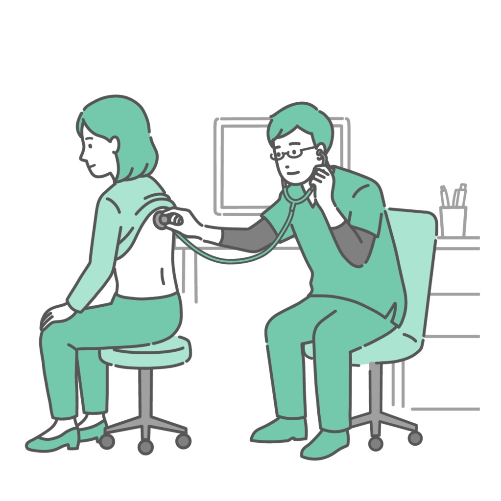 スクラブを着用した男性医師による女性の背中の聴診イラスト