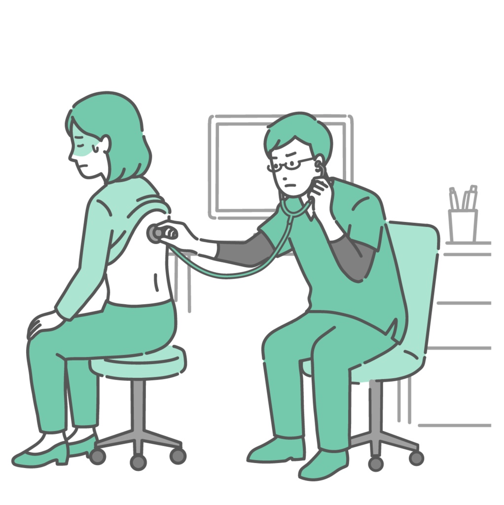 背中の聴診を受ける冷や汗をかいた女性と深刻な表情のスクラブの男性医師のイラスト