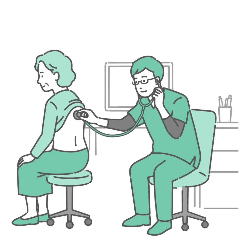 スクラブを着用した男性医師による高齢女性の背中の聴診イラスト
