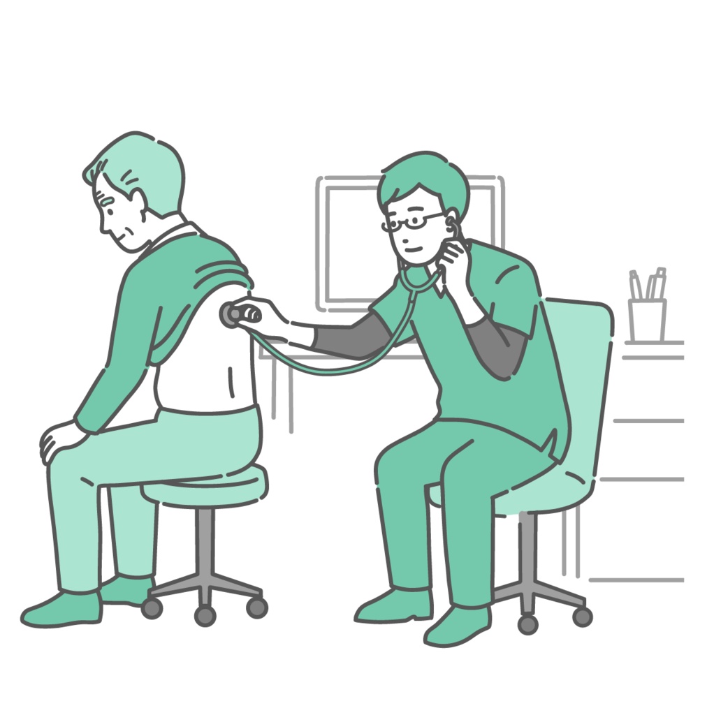 スクラブを着用した男性医師による高齢男性の背中の聴診イラスト