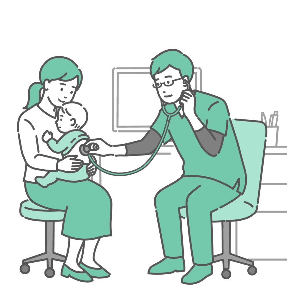 スクラブを着用した男性医師による母親に抱かれた赤ちゃんの背中の聴診イラスト
