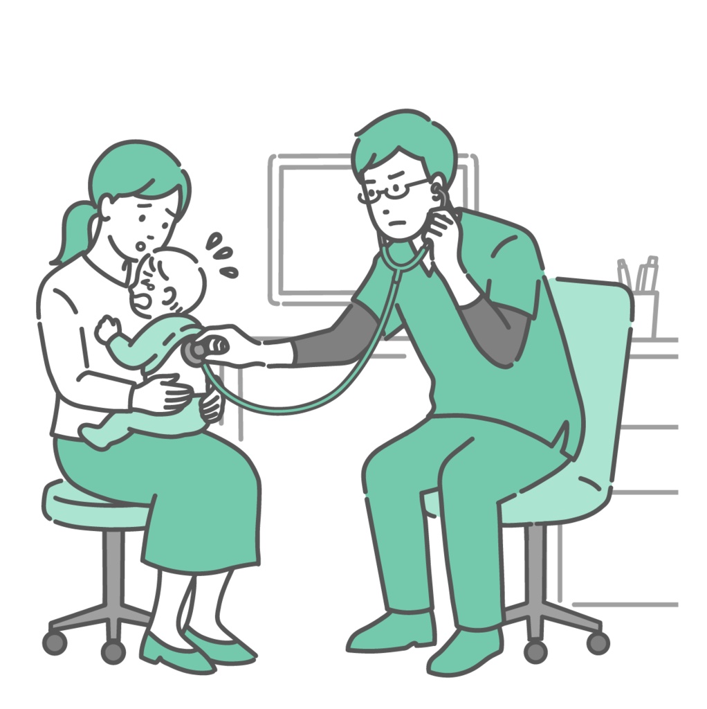 スクラブを着用した男性医師による泣いている赤ちゃんの背中の聴診イラスト