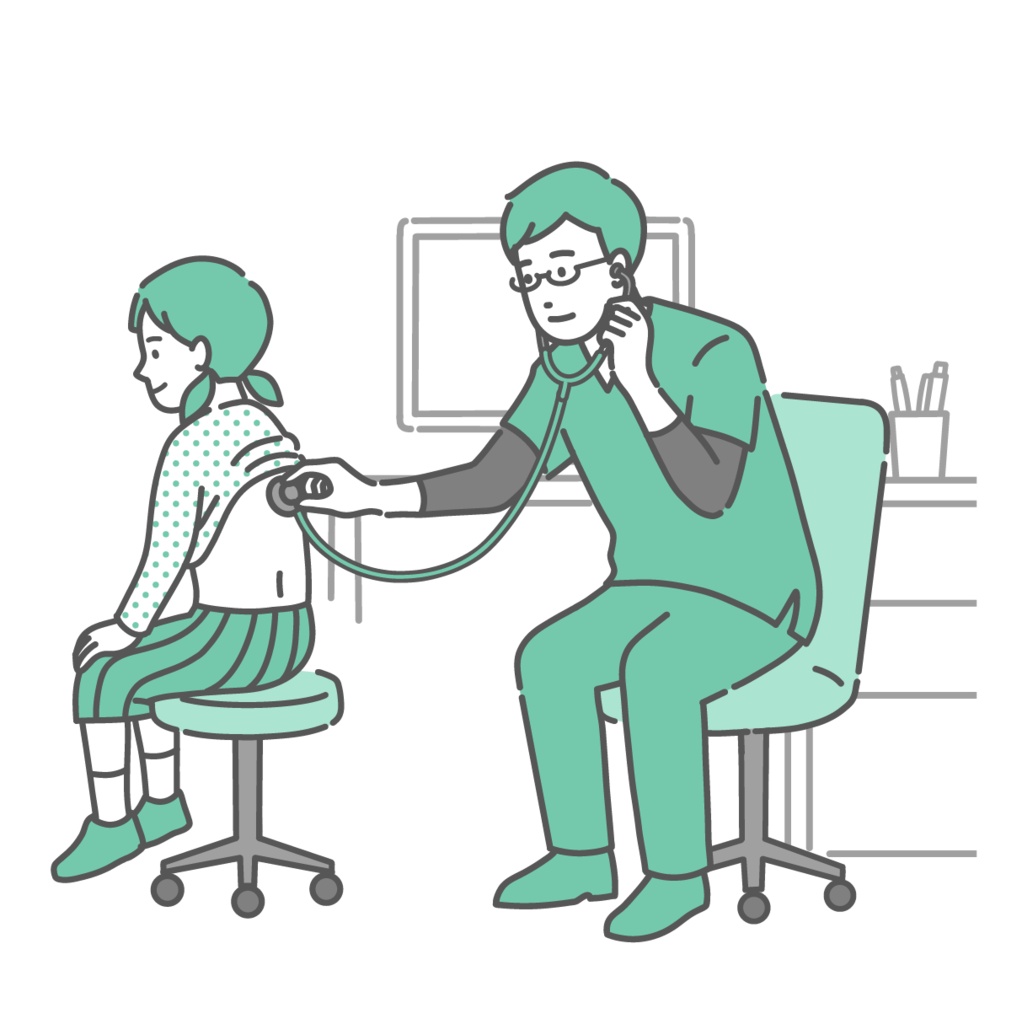 スクラブを着用した男性医師による女の子の背中の聴診イラスト