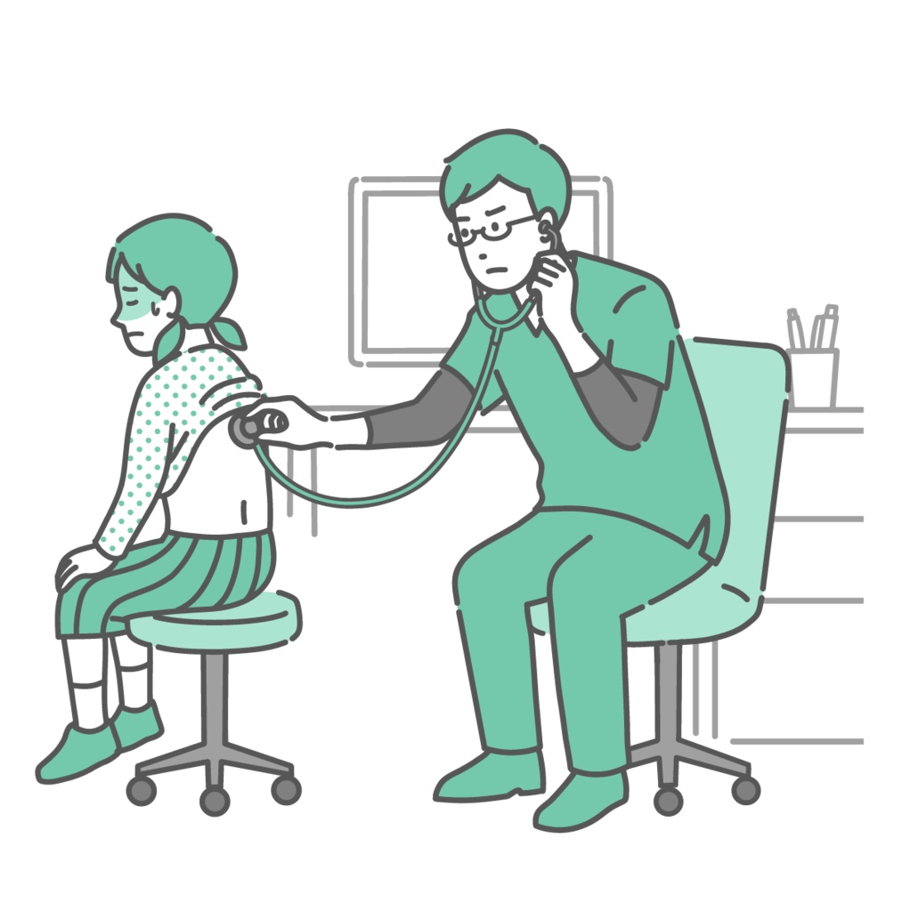 背中の聴診を受ける冷や汗をかいた女の子と深刻な表情のスクラブの男性医師のイラスト