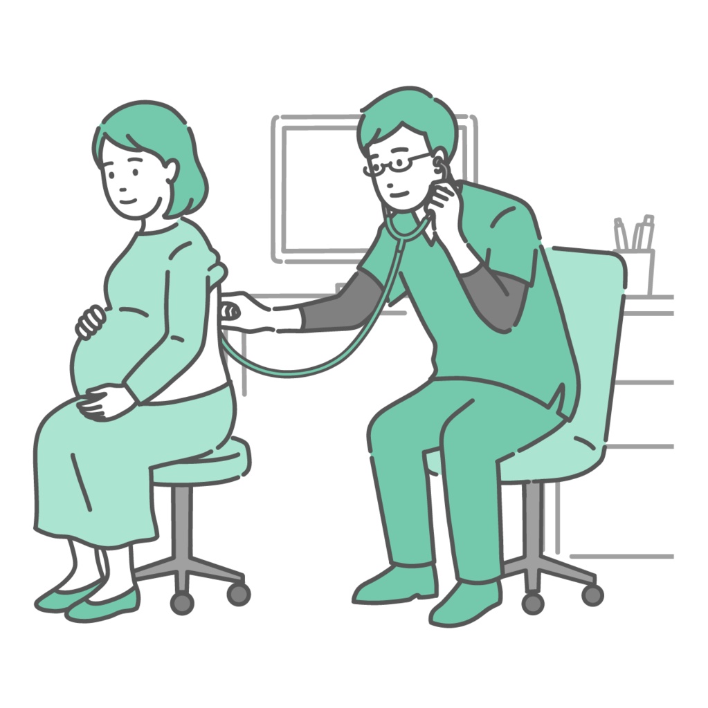 スクラブを着用した男性医師による妊婦の背中の聴診イラスト