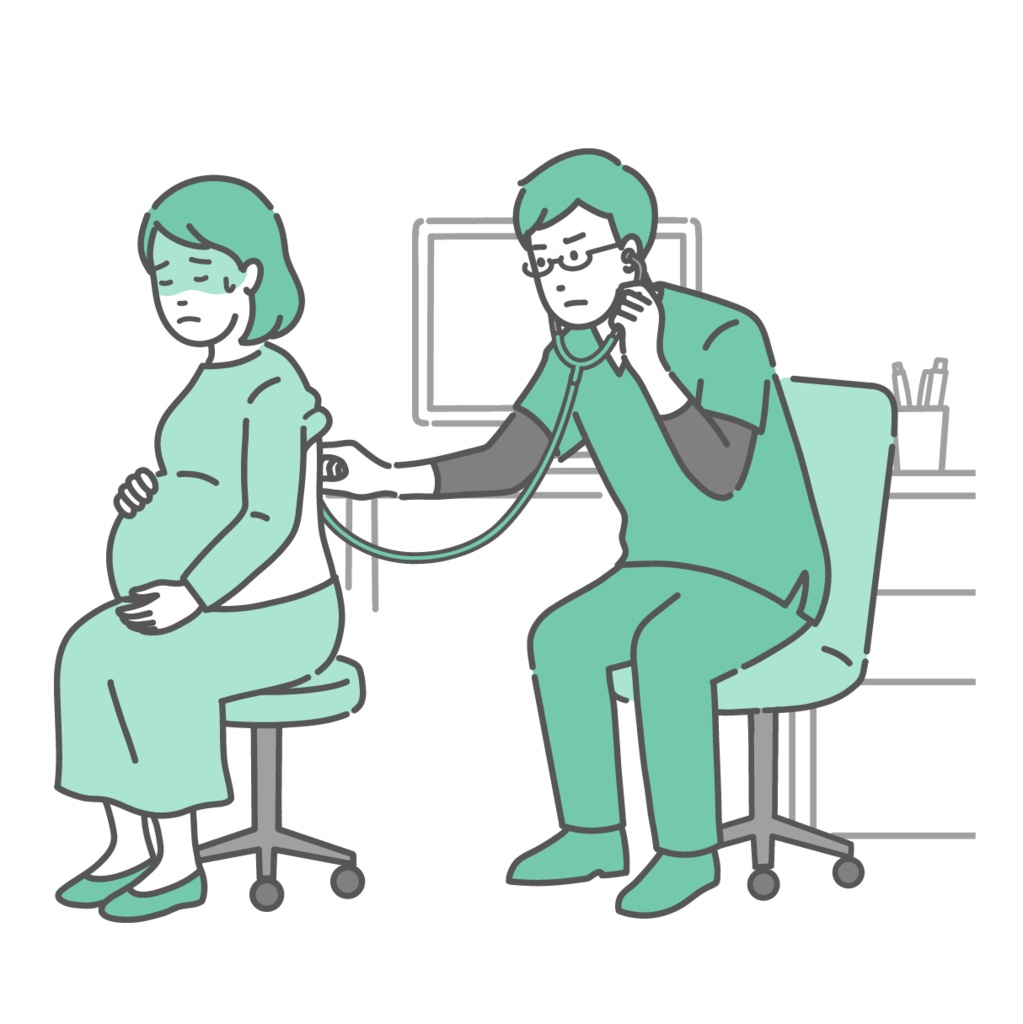 背中の聴診を受ける冷や汗をかいた妊婦と深刻な表情のスクラブの男性医師のイラスト