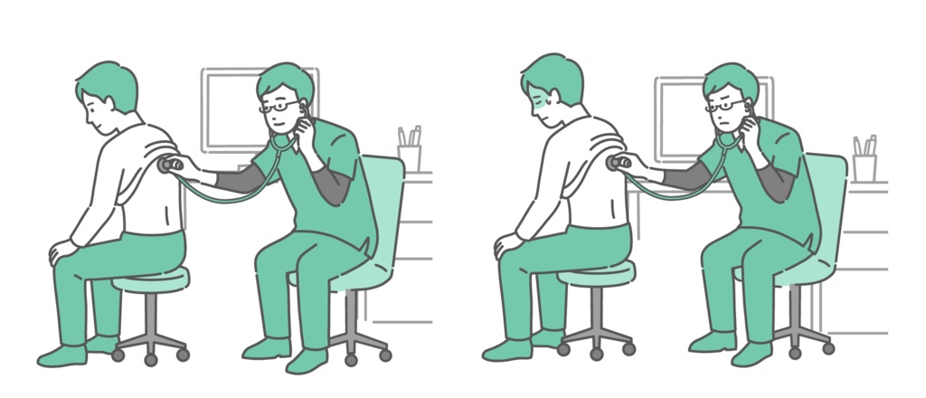 スクラブを着用した男性医師による男性の背中の聴診イラストセット（正常・異常/体調不良）