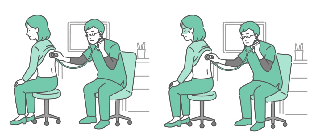 スクラブを着用した男性医師による女性の背中の聴診イラストセット（正常・異常/体調不良）