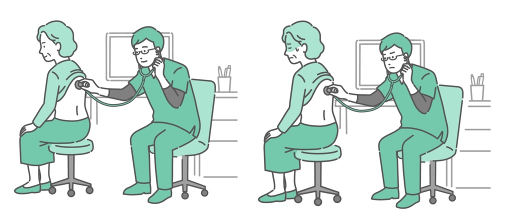 スクラブを着用した男性医師による高齢女性の背中の聴診イラストセット（正常・異常/体調不良）