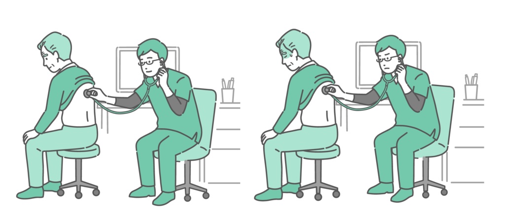 スクラブを着用した男性医師による高齢男性の背中の聴診イラストセット(正常・異常/体調不良)