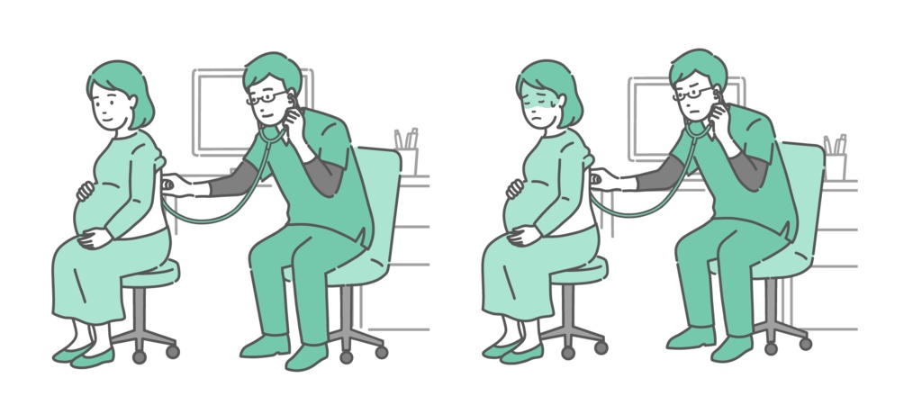 スクラブを着用した男性医師による妊婦の背中の聴診イラストセット（正常・異常/体調不良）