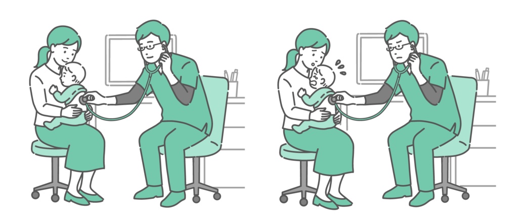 スクラブを着用した男性医師による赤ちゃんの背中の聴診イラストセット（笑顔・泣き顔）
