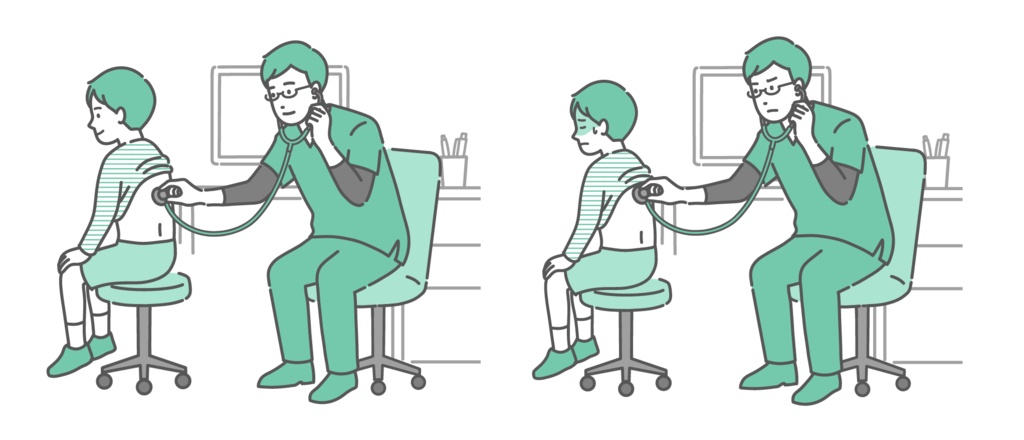 スクラブを着用した男性医師による男の子の背中の聴診イラストセット（正常・異常/体調不良）
