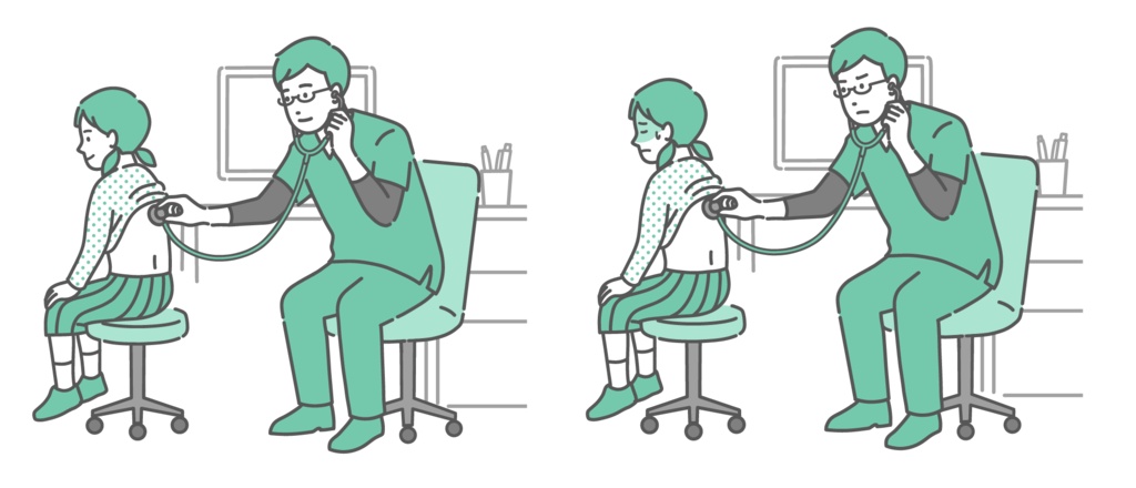 スクラブを着用した男性医師による女の子の背中の聴診イラストセット（正常・異常/体調不良）
