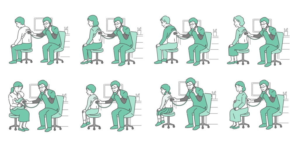 スクラブを着用した男性医師による背中の聴診イラストセット（老若男女・妊婦）